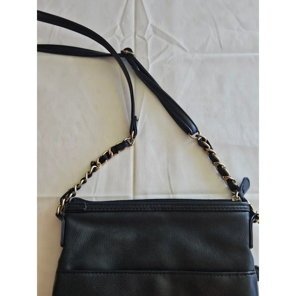 Nicole Miller Black Faux Leather‎ Crossbody Bag Floral Embroidery Chain Strap